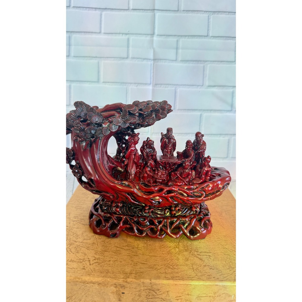 Shou-Shan Stone Ware Chinese Elders Pine Tree Sculpture Cinnabar Red Figurines